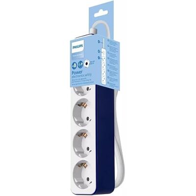 Philips CHP2145U Steckdosenleiste mit 4 Steckdosen, Stromversorgungsverriegelung, 1.500 W, geflochtenes Netzkabel, 1,5 m, hohe Widerstandsfähigkeit, Sicherheitsverschluss (LED-Anzeige) – Weiß/Blau Philips CHP2145U Steckdosenleiste mit 4 Steckdosen, Stromversorgungsverriegelung, 1.500 W, geflochtenes Netzkabel, 1,5 m, hohe Widerstandsfähigkeit, Sicherheitsverschluss (LED-Anzeige) – Weiß/Blau