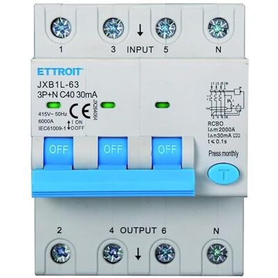 IXTRIMA Leistungsschutzschalter 3P+N 40A 30mA 380V-6KA Klasse A 30mA für DIN-Schiene 4 DIN-Module Schaltkreisschutz und Systemsicherheit IXTRIMA Leistungsschutzschalter 3P+N 40A 30mA 380V-6KA Klasse A 30mA für DIN-Schiene 4 DIN-Module Schaltkreisschutz und Systemsicherheit
