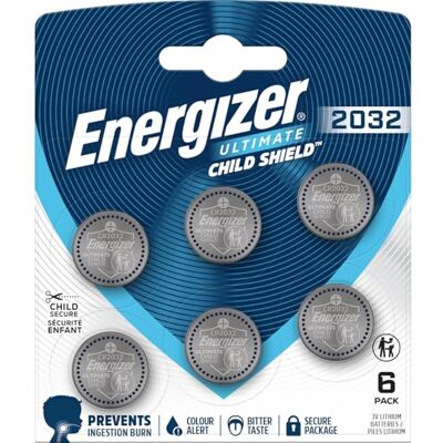 Energizer Ultimate Child Shield CR2032 (Pack de 6) – Pilas de Botón 3V – Primera Batería del Mundo Con Protección Contra Quemaduras por Ingestión – Seguridad 4 en 1 y Tecnología Colour Alert Energizer Ultimate Child Shield CR2032 (Pack de 6) – Pilas de Botón 3V – Primera Batería del Mundo Con Protección Contra Quemaduras por Ingestión – Seguridad 4 en 1 y Tecnología Colour Alert