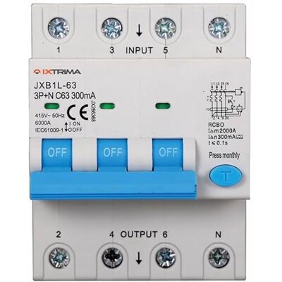 IXTRIMA Leistungsschutzschalter 3P+N 63A 300mA 380V-6KA Klasse A 300mA für DIN-Schiene 4 DIN-Module Schaltkreisschutz und Systemsicherheit IXTRIMA Leistungsschutzschalter 3P+N 63A 300mA 380V-6KA Klasse A 300mA für DIN-Schiene 4 DIN-Module Schaltkreisschutz und Systemsicherheit