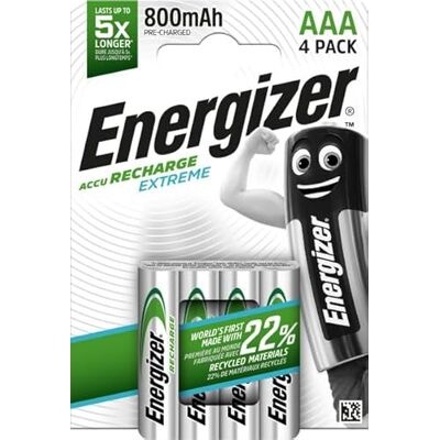 Energizer Wiederaufladbar, Packung mit 4 AAA-Batterien, 800 mAh, vorgeladen, für Geräte mit häufigem Gebrauch und Hunderte von Aufladungen, ohne Sulfatierung. Energizer Wiederaufladbar, Packung mit 4 AAA-Batterien, 800 mAh, vorgeladen, für Geräte mit häufigem Gebrauch und Hunderte von Aufladungen, ohne Sulfatierung.