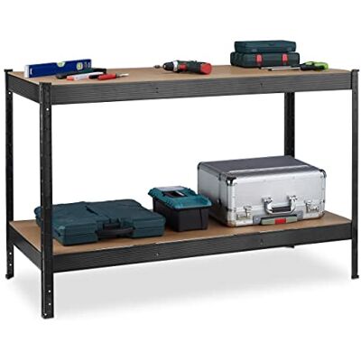 Relaxdays Werkbank, 600 kg, Werktisch, HBT 91 x 141 x 61 cm, 2 verstellbare Ebenen, Werkstatt Regal Stahl & MDF, schwarz Relaxdays Werkbank, 600 kg, Werktisch, HBT 91 x 141 x 61 cm, 2 verstellbare Ebenen, Werkstatt Regal Stahl & MDF, schwarz