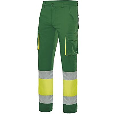 VELILLA 303007; Hose mit hoher Sichtbarkeit, 100% Baumwolle, zweifarbig und mit Mehreren Taschen, Grün und Neongelb, Größe M VELILLA 303007; Hose mit hoher Sichtbarkeit, 100% Baumwolle, zweifarbig und mit Mehreren Taschen, Grün und Neongelb, Größe M