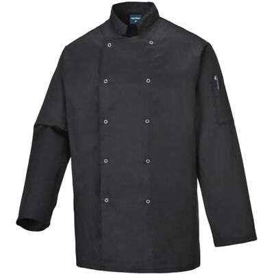 Portwest Suffolk Kochjacke, Größe: S, Farbe: Schwarz, C833BKRS Schwarz, S, Unisex, 35 % Baumwolle, Koreanischer Kragen, Frontring, Polyester Druckknöpfe, maschinenwaschbar Portwest Suffolk Kochjacke, Größe: S, Farbe: Schwarz, C833BKRS Schwarz, S, Unisex, 35 % Baumwolle, Koreanischer Kragen, Frontring, Polyester Druckknöpfe, maschinenwaschbar