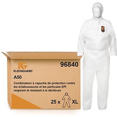 Kimberly-Clark Kimberly Clark 96840 Kleenguard A50 Atmungsaktiver Schutzanzug Gegen Tröpfchen und Partikel mit Kapuze, X-Large, Weiß Kimberly-Clark Kimberly Clark 96840 Kleenguard A50 Atmungsaktiver Schutzanzug Gegen Tröpfchen und Partikel mit Kapuze, X-Large, Weiß