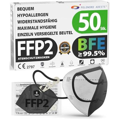 Polonord Adeste 50x FFP2 Maske Schwarz CE-zertif Einzelversiegelte Beutel Polonord Adeste 50x FFP2 Maske Schwarz CE-zertif Einzelversiegelte Beutel
