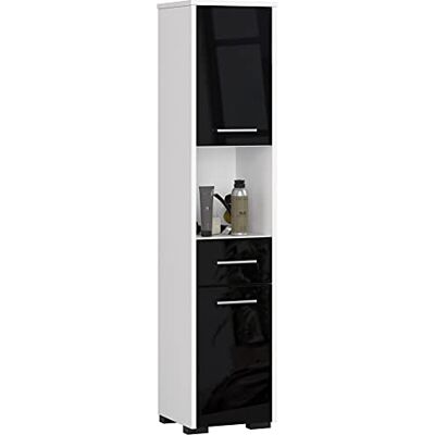 AKORD Badezimmer-Hochschrank schränke Badezimmer kommode B30 x H140 x T30 cm, Gewicht 25 kg 2 Ablagen mit Türen 1 Schublade, 1 offenes Fach als Hängeschrank Weiß & Schwarz Glänzend Front AKORD Badezimmer-Hochschrank schränke Badezimmer kommode B30 x H140 x T30 cm, Gewicht 25 kg 2 Ablagen mit Türen 1 Schublade, 1 offenes Fach als Hängeschrank Weiß & Schwarz Glänzend Front