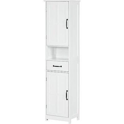 kleankin Schmaler Badschrank, Wäscheturm mit offenem Regal, Weiß Hoher Badschrank, Schublade, versenkte Türen, verstellbare Regalböden kleankin Schmaler Badschrank, Wäscheturm mit offenem Regal, Weiß Hoher Badschrank, Schublade, versenkte Türen, verstellbare Regalböden