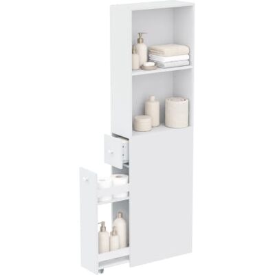 HOMCOM Hochschrank Bad, schmaler Badezimmerschrank freistehend mit Rollauszug, offenen Fächern, Schublade und verstellbarem Einlegeboden, Weiß HOMCOM Hochschrank Bad, schmaler Badezimmerschrank freistehend mit Rollauszug, offenen Fächern, Schublade und verstellbarem Einlegeboden, Weiß