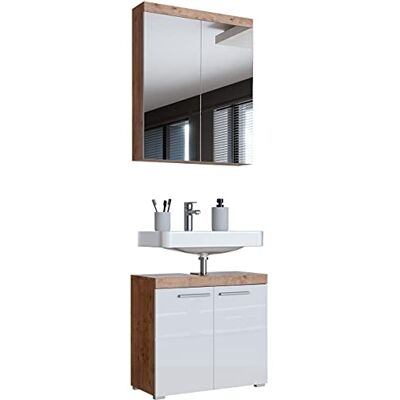 Newroom Waschbeckenunterschrank mit Spiegelschrank Wildeiche Weiß 60 cm Hochglanz Fronten, 2 Türen, Bügelgriff, verspiegelte Schranktüren, Badezimmermöbel modern, Waschtisch, für kleine Bäder Newroom Waschbeckenunterschrank mit Spiegelschrank Wildeiche Weiß 60 cm Hochglanz Fronten, 2 Türen, Bügelgriff, verspiegelte Schranktüren, Badezimmermöbel modern, Waschtisch, für kleine Bäder