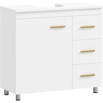 HOMCOM Waschbeckenunterschrank mit Tür 3 Schubladen 70 x 30 x 65 cm Weiß Unterschrank, Griffen, Badezimmerschrank, Waschtischunterschrank, Badschrank, für Badezimmer HOMCOM Waschbeckenunterschrank mit Tür 3 Schubladen 70 x 30 x 65 cm Weiß Unterschrank, Griffen, Badezimmerschrank, Waschtischunterschrank, Badschrank, für Badezimmer
