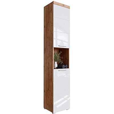 Newroom Hochschrank Weiß Hochglanz Wildeiche Badezimmer mit Stauraum offenes Mittelfach, zwei Türen, Bügelgriff, Badmöbel, Badezimmermöbel, Badezimmerschrank, für kleine Bäder Newroom Hochschrank Weiß Hochglanz Wildeiche Badezimmer mit Stauraum offenes Mittelfach, zwei Türen, Bügelgriff, Badmöbel, Badezimmermöbel, Badezimmerschrank, für kleine Bäder