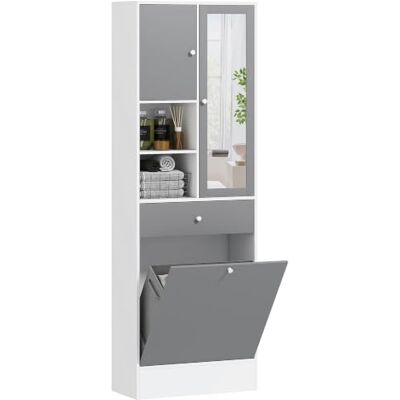 HOMCOM Hoher Badezimmerschrank mit Wäschekorb und Spiegel Aufbewahrungsschrank mit Türen, 2 offenen Fächern, Schublade, verstellbarem Regal, 62x28.3x181 cm, Grau & Weiß HOMCOM Hoher Badezimmerschrank mit Wäschekorb und Spiegel Aufbewahrungsschrank mit Türen, 2 offenen Fächern, Schublade, verstellbarem Regal, 62x28.3x181 cm, Grau & Weiß