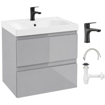 .Deftrans – Waschtisch mit Unterschrank 60 cm hängend Hochglanz Grau – Badezimmer Waschtisch Set mit Keramik Waschbecken – Waschbecken mit Unterschrank komplett mit schwarzer Armatur .Deftrans – Waschtisch mit Unterschrank 60 cm hängend Hochglanz Grau – Badezimmer Waschtisch Set mit Keramik Waschbecken – Waschbecken mit Unterschrank komplett mit schwarzer Armatur
