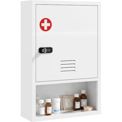 HOMCOM Medizinschrank mit Zahlenschloss, 3 Regalen 60 x 40 x 15 cm Weiß Abschließbar, Erste-Hilfe-Schrank, Belüftete Tür, für Küche Bad Wohnzimmer, Medikamentenschrank, Stahl HOMCOM Medizinschrank mit Zahlenschloss, 3 Regalen 60 x 40 x 15 cm Weiß Abschließbar, Erste-Hilfe-Schrank, Belüftete Tür, für Küche Bad Wohnzimmer, Medikamentenschrank, Stahl