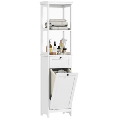 HOMCOM Hoher Badschrank, Wäscheschrank ausklappbar, 40x30x165cm, Weiß Schmaler Badezimmer-Stauraum, herausnehmbarer Wäschekorb, 2 offene Regale, Schublade HOMCOM Hoher Badschrank, Wäscheschrank ausklappbar, 40x30x165cm, Weiß Schmaler Badezimmer-Stauraum, herausnehmbarer Wäschekorb, 2 offene Regale, Schublade