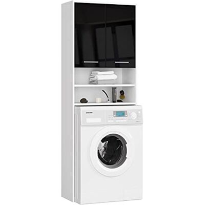 AKORD Waschmaschinenschrank Badezimmerschrank Kommode Waschmaschienenüberschrank B64 x H180 x T30 cm, Gewicht 30 kg, Umbauschrank mit 2 Türen, 2 Ablagefächer Weiß & Schwarz Glänzend Front AKORD Waschmaschinenschrank Badezimmerschrank Kommode Waschmaschienenüberschrank B64 x H180 x T30 cm, Gewicht 30 kg, Umbauschrank mit 2 Türen, 2 Ablagefächer Weiß & Schwarz Glänzend Front