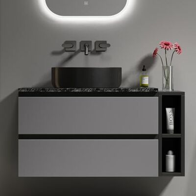 Merax Waschplatz hängend Badezimmerschrank mit Waschbecken Hängender Waschtischunterschrank 80 cm breit mit Keramikwaschbecken, Schubladen, modernes Design, schwarz-grau Merax Waschplatz hängend Badezimmerschrank mit Waschbecken Hängender Waschtischunterschrank 80 cm breit mit Keramikwaschbecken, Schubladen, modernes Design, schwarz-grau