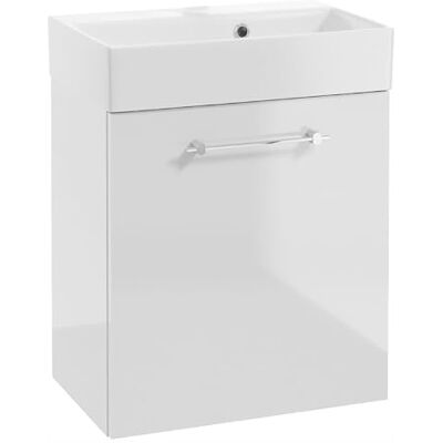 DomoDomo Waschbeckenunterschrank 60 cm breit Hängend – Bad Unterschrank Weiß Hochglanz – Mit Waschbecken, Soft Close Tür – Badezimmermöbel für kleine Bäder, Chrom Griff DomoDomo Waschbeckenunterschrank 60 cm breit Hängend – Bad Unterschrank Weiß Hochglanz – Mit Waschbecken, Soft Close Tür – Badezimmermöbel für kleine Bäder, Chrom Griff