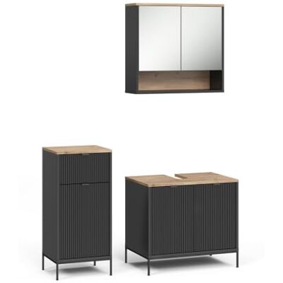 Vicco Badmöbel-Set Eliza, Schwarz/Viking Oak 70 cm 3-teilig · Waschtischunterschrank · Spiegelschrank · Midischrank Vicco Badmöbel-Set Eliza, Schwarz/Viking Oak 70 cm 3-teilig · Waschtischunterschrank · Spiegelschrank · Midischrank