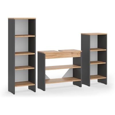 Vicco Badmöbel-Set Karli, Anthrazit/Goldkraft Eiche 3-teilig · Waschtischunterschrank · Hochregal · Badregal Vicco Badmöbel-Set Karli, Anthrazit/Goldkraft Eiche 3-teilig · Waschtischunterschrank · Hochregal · Badregal