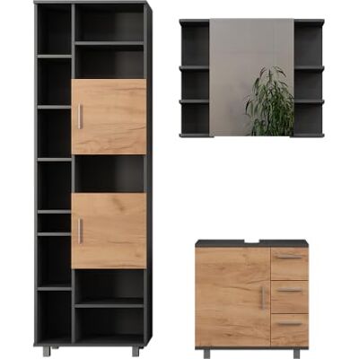 Vicco Badmöbel-Set Ilias, Anthrazit/Goldkraft Eiche 60.2 cm besteht aus Waschbeckenunterschrank, Spiegelschrank und Hochschrank Vicco Badmöbel-Set Ilias, Anthrazit/Goldkraft Eiche 60.2 cm besteht aus Waschbeckenunterschrank, Spiegelschrank und Hochschrank