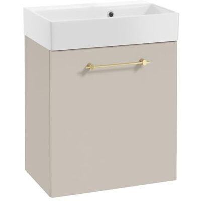 DomoDomo Waschbeckenunterschrank 60 cm breit Hängend – Bad Unterschrank Kaschmir Matt – Mit Waschbecken – Soft Close Tür, Goldgriff, Glamour Stil DomoDomo Waschbeckenunterschrank 60 cm breit Hängend – Bad Unterschrank Kaschmir Matt – Mit Waschbecken – Soft Close Tür, Goldgriff, Glamour Stil