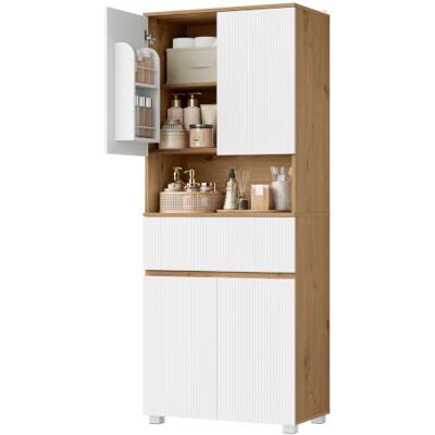EUGAD Badezimmerschrank hoch, Mit offenem Fach, 1 Schublade, 70x40x176,5 cm Badschrank, Badezimmermöbel, Aufbewahrungsschrank mit Türen, verstellbare Ablagen, Hängeaufbewahrung, aus Holz, Weiß + Eiche EUGAD Badezimmerschrank hoch, Mit offenem Fach, 1 Schublade, 70x40x176,5 cm Badschrank, Badezimmermöbel, Aufbewahrungsschrank mit Türen, verstellbare Ablagen, Hängeaufbewahrung, aus Holz, Weiß + Eiche