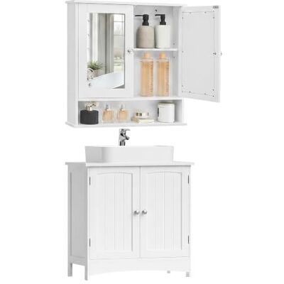 VASAGLE Waschbeckenunterschrank mit Spiegelschrank hängend, Badezimmerschrank mit 2 Türen, verstellbare Ablagen, 2 Spiegeltüren, offenes Fach, wolkenweiß BBC01WT-01 VASAGLE Waschbeckenunterschrank mit Spiegelschrank hängend, Badezimmerschrank mit 2 Türen, verstellbare Ablagen, 2 Spiegeltüren, offenes Fach, wolkenweiß BBC01WT-01