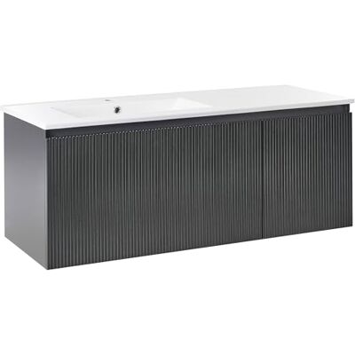 Beliani Wandmontierter Waschtischunterschrank mit Waschbecken aus Holzwerkstoff Badezimmerschrank Stauraum 120 cm schwarz Tiete Beliani Wandmontierter Waschtischunterschrank mit Waschbecken aus Holzwerkstoff Badezimmerschrank Stauraum 120 cm schwarz Tiete