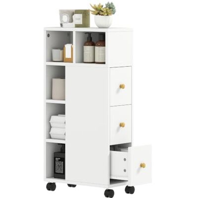 HOMCOM Badezimmerschrank Schmal Badschrank mit 4 Rollen 20x40x80 cm Weiß 3 Schubladen, Nischenschrank Aufbewahrungsschrank, 5 Offene Fächer, Toilettenschrank für Kleine Räume HOMCOM Badezimmerschrank Schmal Badschrank mit 4 Rollen 20x40x80 cm Weiß 3 Schubladen, Nischenschrank Aufbewahrungsschrank, 5 Offene Fächer, Toilettenschrank für Kleine Räume