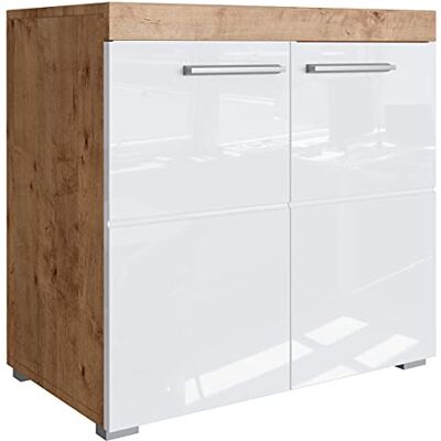 Newroom Waschbeckenunterschrank Wildeiche Weiß Hochglanz 60 cm Badezimmer 2 Türen mit Bügelgriff, Siphonausschnitt, Waschtisch zweifarbig, Badezimmermöbel modern, für kleine Bäder Newroom Waschbeckenunterschrank Wildeiche Weiß Hochglanz 60 cm Badezimmer 2 Türen mit Bügelgriff, Siphonausschnitt, Waschtisch zweifarbig, Badezimmermöbel modern, für kleine Bäder