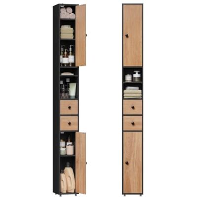 EUGAD Badezimmerschrank, Badschrank Schmal Hoch, 20 cm breit, Schwarz+Eiche Hochschrank bad, Aufbewahrungsschrank mit verstellbaren Ablagen, offene Fächer, für kleine Räume, modern 20x20x180 cm EUGAD Badezimmerschrank, Badschrank Schmal Hoch, 20 cm breit, Schwarz+Eiche Hochschrank bad, Aufbewahrungsschrank mit verstellbaren Ablagen, offene Fächer, für kleine Räume, modern 20x20x180 cm