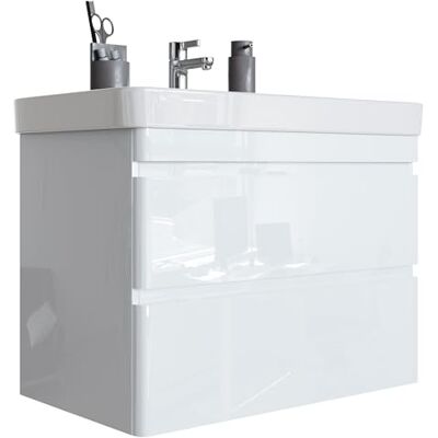 Newroom Waschbeckenunterschrank Weiß Hochglanz hängend mit Waschbecken grifflos, 2 Schubladen, Waschtisch, Badezimmer Unterschrank, Badmöbel, wandmontiert, für kleine Bäder Newroom Waschbeckenunterschrank Weiß Hochglanz hängend mit Waschbecken grifflos, 2 Schubladen, Waschtisch, Badezimmer Unterschrank, Badmöbel, wandmontiert, für kleine Bäder