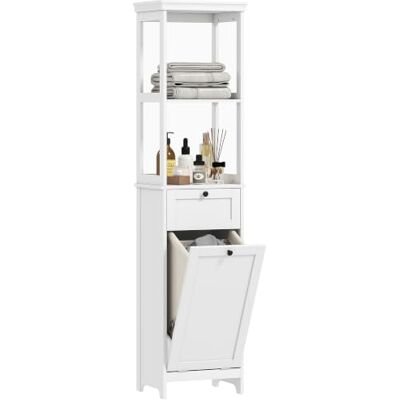HOMCOM Hoher Badschrank, Wäscheschrank ausklappbar, 40x30x165cm, Weiß Schmaler Badezimmer-Stauraum, herausnehmbarer Wäschekorb, 2 offene Regale, Schublade HOMCOM Hoher Badschrank, Wäscheschrank ausklappbar, 40x30x165cm, Weiß Schmaler Badezimmer-Stauraum, herausnehmbarer Wäschekorb, 2 offene Regale, Schublade
