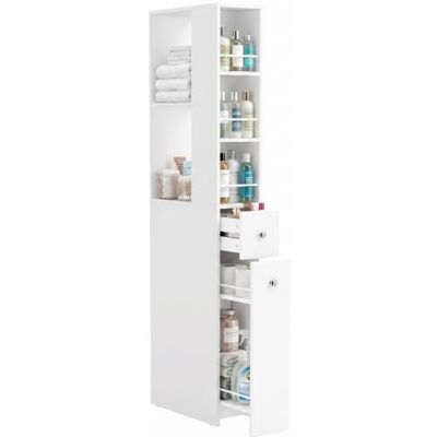 HOMCOM Badezimmerschrank, Schmaler Badschrank, 18 x 40 x 135 cm, Weiß 2 Offene Fächer, 2 Schubladen, Nischenschrank, Badezimmer, Wohnzimmer, Küche HOMCOM Badezimmerschrank, Schmaler Badschrank, 18 x 40 x 135 cm, Weiß 2 Offene Fächer, 2 Schubladen, Nischenschrank, Badezimmer, Wohnzimmer, Küche