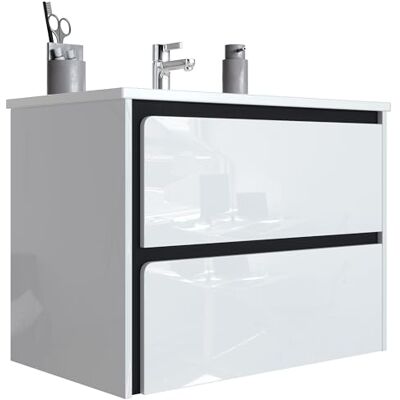 Newroom Waschbeckenunterschrank mit Waschbecken Weiß hängend 60 cm Bad 2 Schubladen, schwarze Griffleiste, Badezimmer Unterschrank, Waschtisch, Badmöbel modern, für kleine Bäder Newroom Waschbeckenunterschrank mit Waschbecken Weiß hängend 60 cm Bad 2 Schubladen, schwarze Griffleiste, Badezimmer Unterschrank, Waschtisch, Badmöbel modern, für kleine Bäder