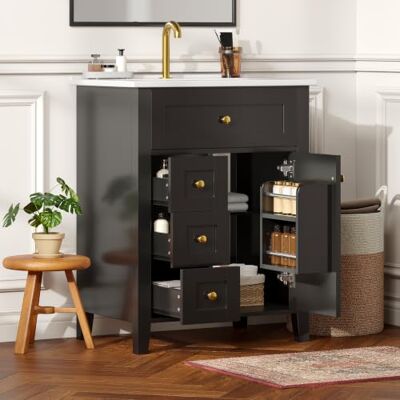 BTM 61cm Waschtisch Stehend mit Unterschrank Hochglanz Badezimmerschrank Waschbecken mit Schubladen Schwarz BTM 61cm Waschtisch Stehend mit Unterschrank Hochglanz Badezimmerschrank Waschbecken mit Schubladen Schwarz