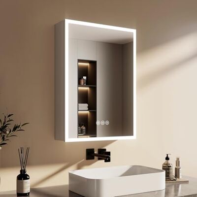 EMKE Spiegelschrank Bad mit Beleuchtung, 50x70x14,5 cm, Dimmbar 3 Lichtfarbe, Antibeschlag, Steckdose, Glasablage, Silberner Doppelspiegel, Speicherfunktion, Acryl-Leuchtmaterial EMKE Spiegelschrank Bad mit Beleuchtung, 50x70x14,5 cm, Dimmbar 3 Lichtfarbe, Antibeschlag, Steckdose, Glasablage, Silberner Doppelspiegel, Speicherfunktion, Acryl-Leuchtmaterial