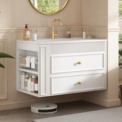 BTM 81 cm Waschbeckenunterschrank Hängend mit Schubladen Hochglanz Weiß BTM 81 cm Waschbeckenunterschrank Hängend mit Schubladen Hochglanz Weiß