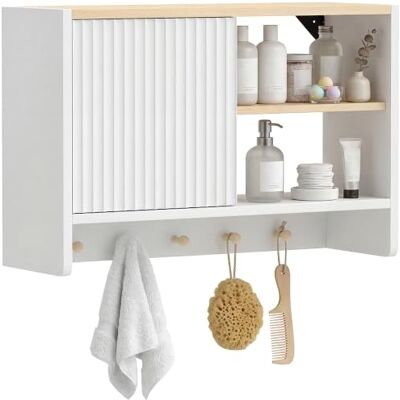 HOMCOM Wand-Badezimmerschrank 60x20x40cm Weiß und Eiche Hängende Aufbewahrungseinheit, Tür, offene Regale, 5 Haken, WC-Schrank HOMCOM Wand-Badezimmerschrank 60x20x40cm Weiß und Eiche Hängende Aufbewahrungseinheit, Tür, offene Regale, 5 Haken, WC-Schrank