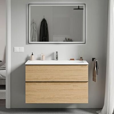Bernstein Badmöbel-Set Lavoa, Waschtisch-Unterschrank mit Waschbecken 100cm in Eiche Cream Weiß matt mit Hahnloch 2 Schubladen, Griffe in Chrom, vormontiert, 5 Jahre Garantie Bernstein Badmöbel-Set Lavoa, Waschtisch-Unterschrank mit Waschbecken 100cm in Eiche Cream Weiß matt mit Hahnloch 2 Schubladen, Griffe in Chrom, vormontiert, 5 Jahre Garantie