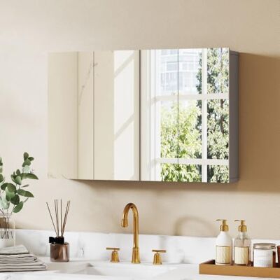 kleankin Spiegelschrank Bad mit 3 Soft-Close-Türen Grau 90 x 15 x 60 cm Verstellbaren Regalen, Wandschrank Badschrank Hängend, für Badezimmer, Badezimmerschrank kleankin Spiegelschrank Bad mit 3 Soft-Close-Türen Grau 90 x 15 x 60 cm Verstellbaren Regalen, Wandschrank Badschrank Hängend, für Badezimmer, Badezimmerschrank