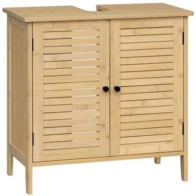 EUGAD Waschbeckenunterschrank Bambus, Badezimmer Unterschrank, 60 x 60 x 30 cm, Waschtischunterschrank mit 2 Lamellentüren 1 Verstellbare Ablage, Natur EUGAD Waschbeckenunterschrank Bambus, Badezimmer Unterschrank, 60 x 60 x 30 cm, Waschtischunterschrank mit 2 Lamellentüren 1 Verstellbare Ablage, Natur