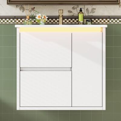 Merax Waschtischunterschrank 61 cm Wandhängend mit LED & Keramikwaschbecken Weiß lackiert, 2 Schubladen, Soft-Close-Schrank, Radarsensor-Beleuchtung, MDF, moderner Stauraum, ohne Armatur Merax Waschtischunterschrank 61 cm Wandhängend mit LED & Keramikwaschbecken Weiß lackiert, 2 Schubladen, Soft-Close-Schrank, Radarsensor-Beleuchtung, MDF, moderner Stauraum, ohne Armatur