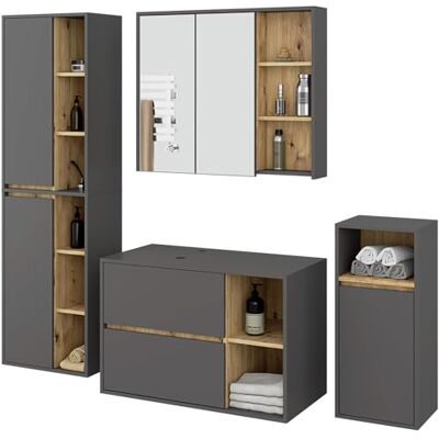 AKORD Badezimmer Komplett Set Hängendes Badezimmermöbel-Set mit Spiegelschrank, Hängeschrank, Hochschrank & Unterschrank Badmöbel Graphitgrau & Artisan-Eiche AKORD Badezimmer Komplett Set Hängendes Badezimmermöbel-Set mit Spiegelschrank, Hängeschrank, Hochschrank & Unterschrank Badmöbel Graphitgrau & Artisan-Eiche