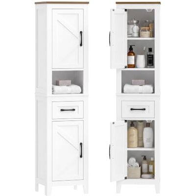 HOMCOM Badezimmerschrank 2 Türen 1 Schublade 34,5x30x148 cm Weiß Aufbewahrungseinheit, Badezimmersäule, offenes Fach, verstellbare Regale, rustikaler Stil, für Wohnzimmer, Schlafzimmer. HOMCOM Badezimmerschrank 2 Türen 1 Schublade 34,5x30x148 cm Weiß Aufbewahrungseinheit, Badezimmersäule, offenes Fach, verstellbare Regale, rustikaler Stil, für Wohnzimmer, Schlafzimmer.