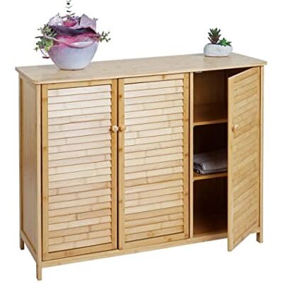 Mendler Badezimmerschrank HWC-B18AM 3 Türen Bambus 81x97x34cm Badschrank, Regal, Badregal, Kommode Mendler Badezimmerschrank HWC-B18AM 3 Türen Bambus 81x97x34cm Badschrank, Regal, Badregal, Kommode