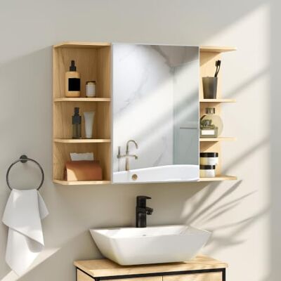 HOMCOM Badezimmer-Spiegelschrank 80x20x59 cm Naturholz Moderner Badezimmerschrank, mit Spiegel, offene Ablagefächer HOMCOM Badezimmer-Spiegelschrank 80x20x59 cm Naturholz Moderner Badezimmerschrank, mit Spiegel, offene Ablagefächer