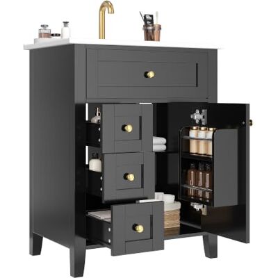 BTM 61cm Waschtisch Stehend mit Unterschrank Hochglanz Badezimmerschrank Waschbecken mit Schubladen Schwarz BTM 61cm Waschtisch Stehend mit Unterschrank Hochglanz Badezimmerschrank Waschbecken mit Schubladen Schwarz